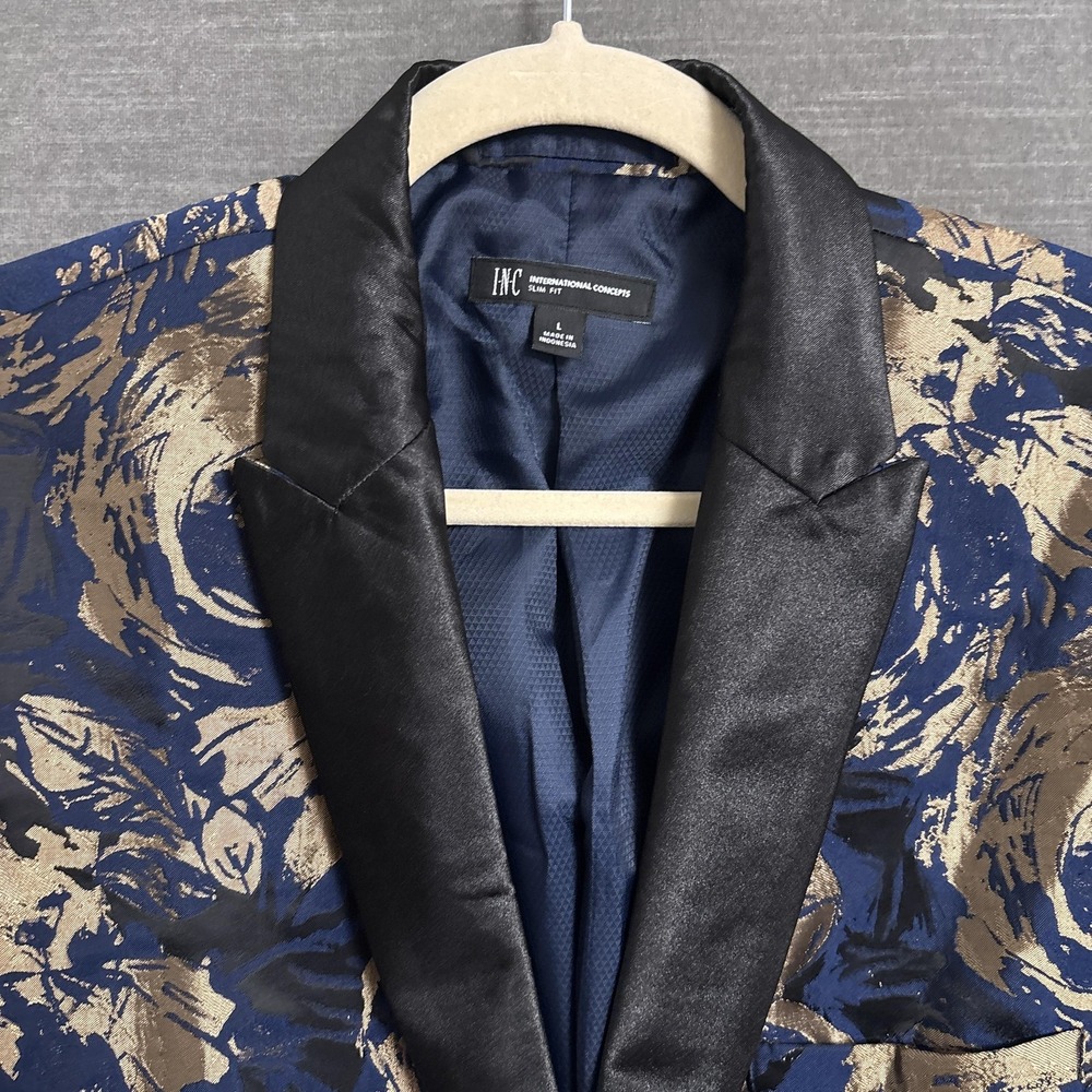 INC Tuxedo Jacket L Slim Fit Blue Gold Floral Shawl Formal 42L Slim - Picture 4 of 11